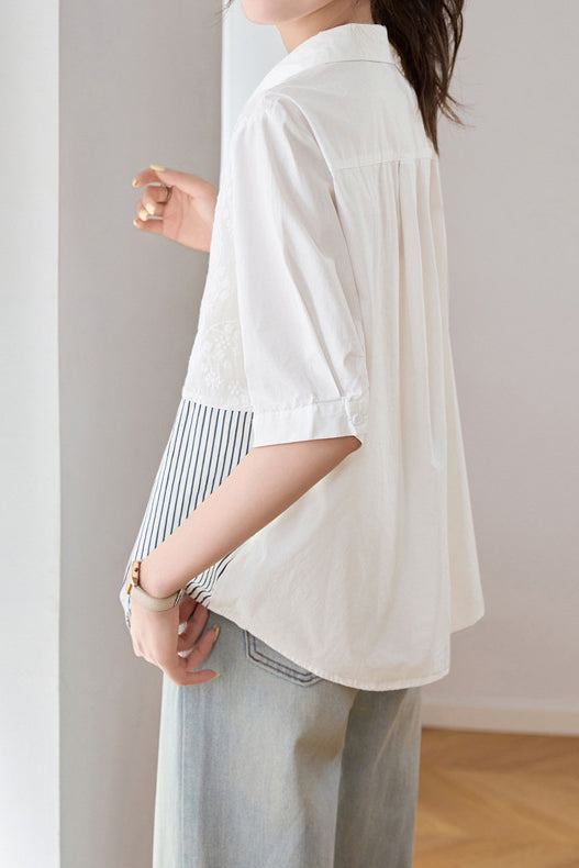 Casual Striped Patchwork Embroidered Collar Shirt - liwisi