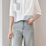 Casual Striped Patchwork Embroidered Collar Shirt - liwisi