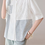 Casual Striped Patchwork Embroidered Collar Shirt - liwisi