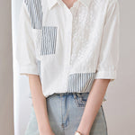 Casual Striped Patchwork Embroidered Collar Shirt - liwisi