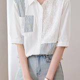 Casual Striped Patchwork Embroidered Collar Shirt - liwisi