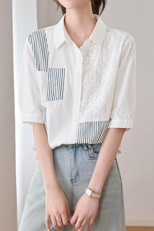 Casual Striped Patchwork Embroidered Collar Shirt - liwisi