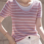 Striped Fake Two-Piece Knit T-Shirt - liwisi