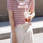 Striped Fake Two-Piece Knit T-Shirt - liwisi