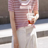 Striped Fake Two-Piece Knit T-Shirt - liwisi