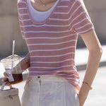 Striped Fake Two-Piece Knit T-Shirt - liwisi