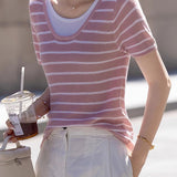 Striped Fake Two-Piece Knit T-Shirt - liwisi