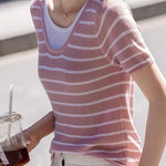 Striped Fake Two-Piece Knit T-Shirt - liwisi