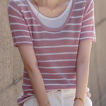Striped Fake Two-Piece Knit T-Shirt - liwisi