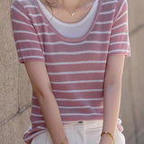 Striped Fake Two-Piece Knit T-Shirt - liwisi