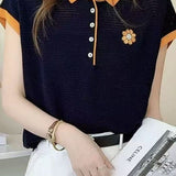 Knit Sweater with Smiley Face & Sunflower Embroidery on Sleeves