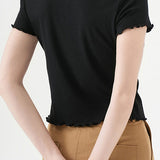 V-Neck Button-Front Ruffled T-Shirt