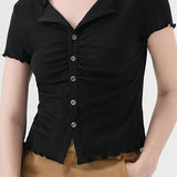 V-Neck Button-Front Ruffled T-Shirt