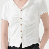 V-Neck Button-Front Ruffled T-Shirt