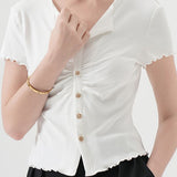 V-Neck Button-Front Ruffled T-Shirt