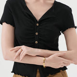 V-Neck Button-Front Ruffled T-Shirt