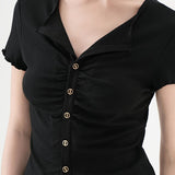 V-Neck Button-Front Ruffled T-Shirt