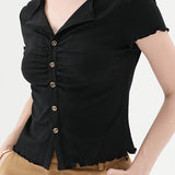 V-Neck Button-Front Ruffled T-Shirt