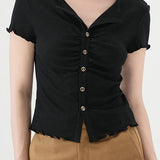 V-Neck Button-Front Ruffled T-Shirt