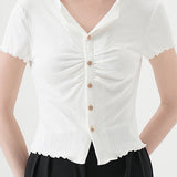 V-Neck Button-Front Ruffled T-Shirt