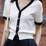 Chic versatile retro color-blocked short sleeve T-shirt - liwisi