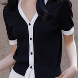 Chic versatile retro color-blocked short sleeve T-shirt - liwisi