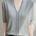 Loose-fitting versatile knit short sleeve T-shirt - liwisi