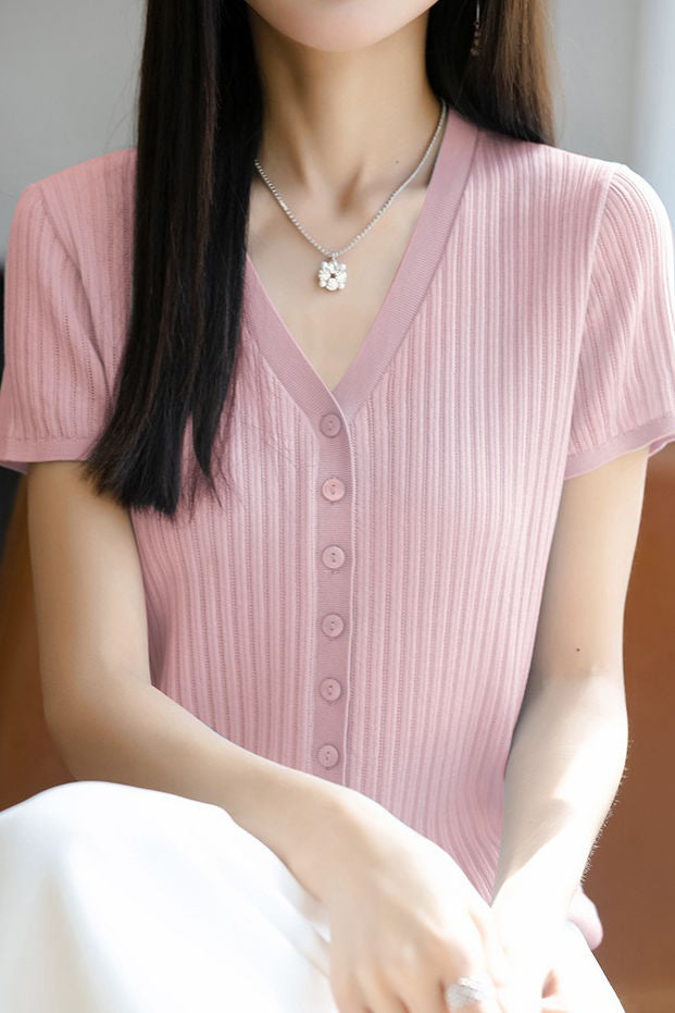 Versatile knit short sleeve T-shirt - liwisi