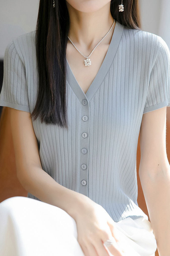 Versatile knit short sleeve T-shirt - liwisi