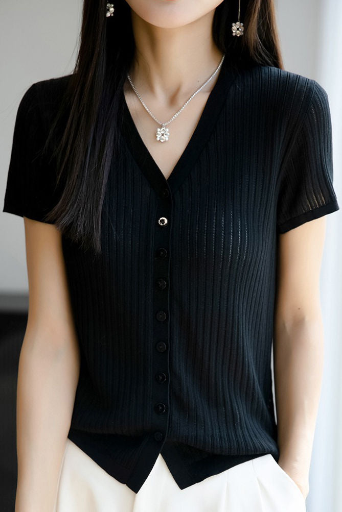Versatile knit short sleeve T-shirt - liwisi