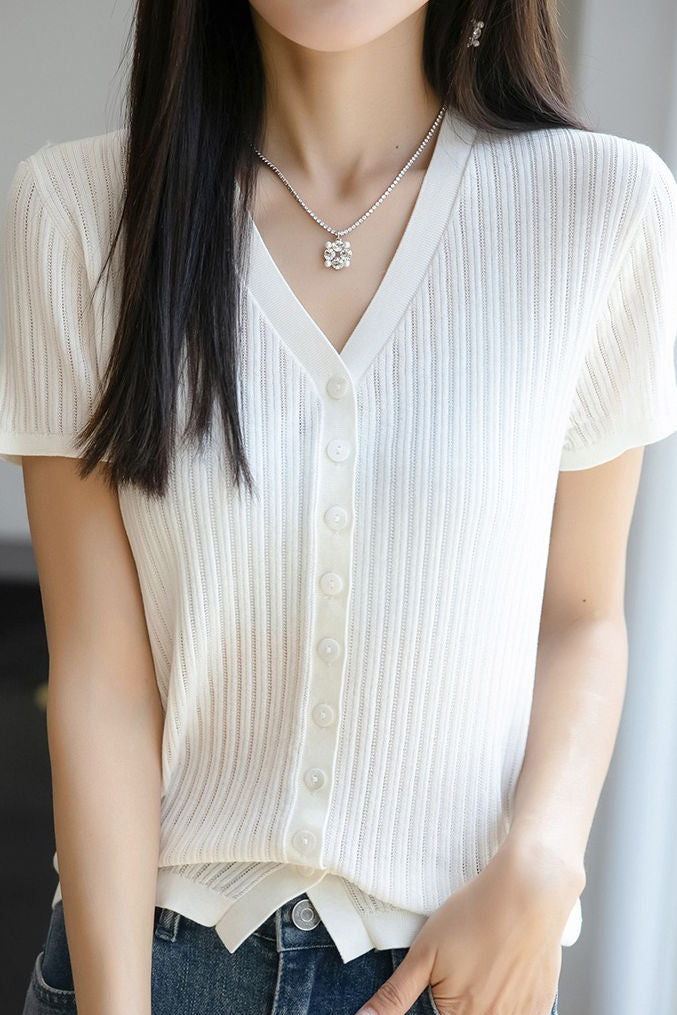 Versatile knit short sleeve T-shirt - liwisi