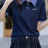 Casual letter print patchwork plaid T-shirt