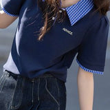 Casual letter print patchwork plaid T-shirt