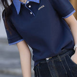 Casual letter print patchwork plaid T-shirt