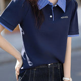 Casual letter print patchwork plaid T-shirt
