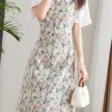Elegant faux two-piece printed dress