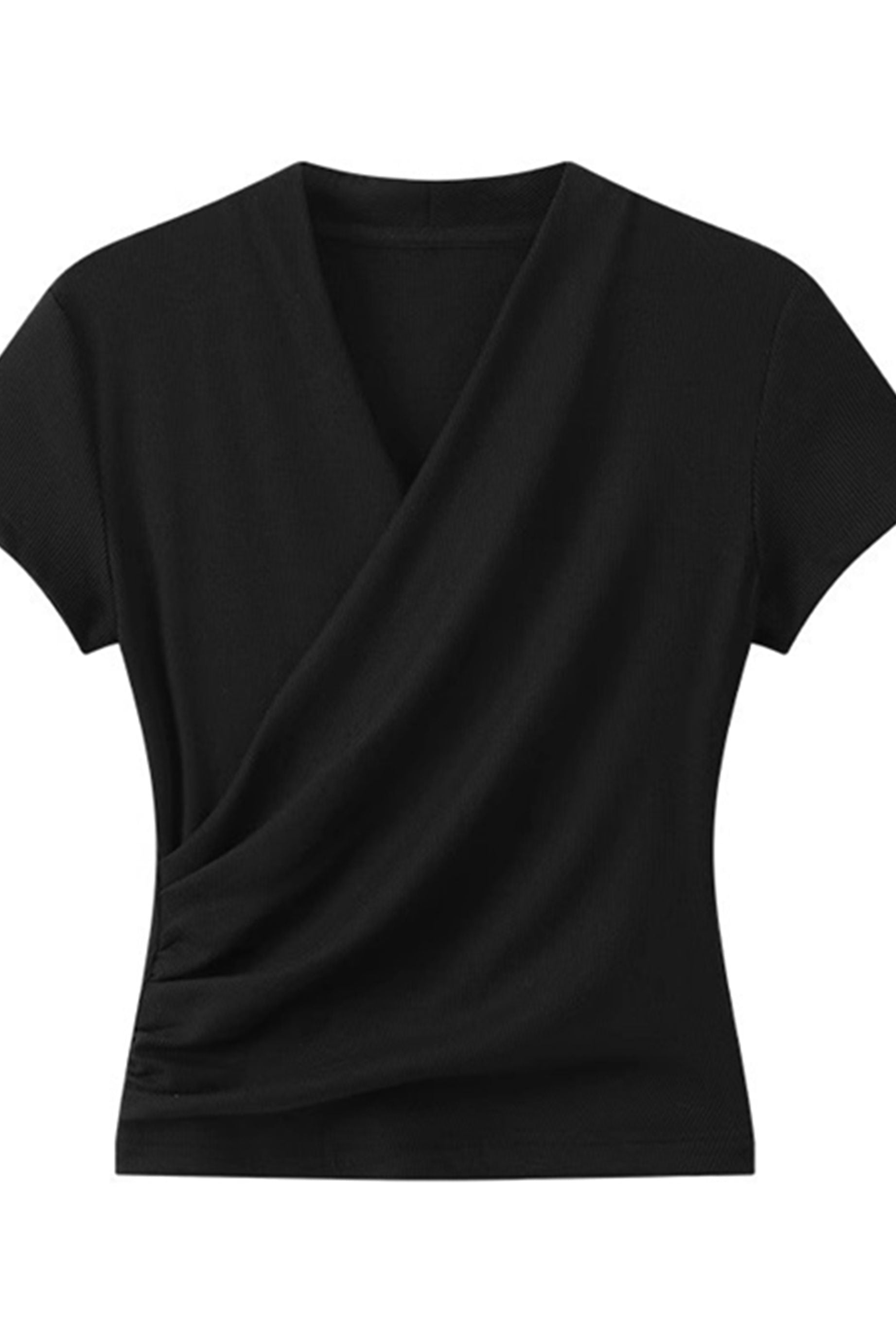 Casual crossover V-neck pleated T-shirt - liwisi
