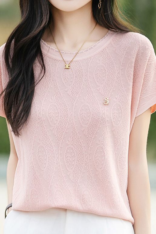 Curved Bamboo Round Neck Casual Short Sleeve Knit Top - liwisi