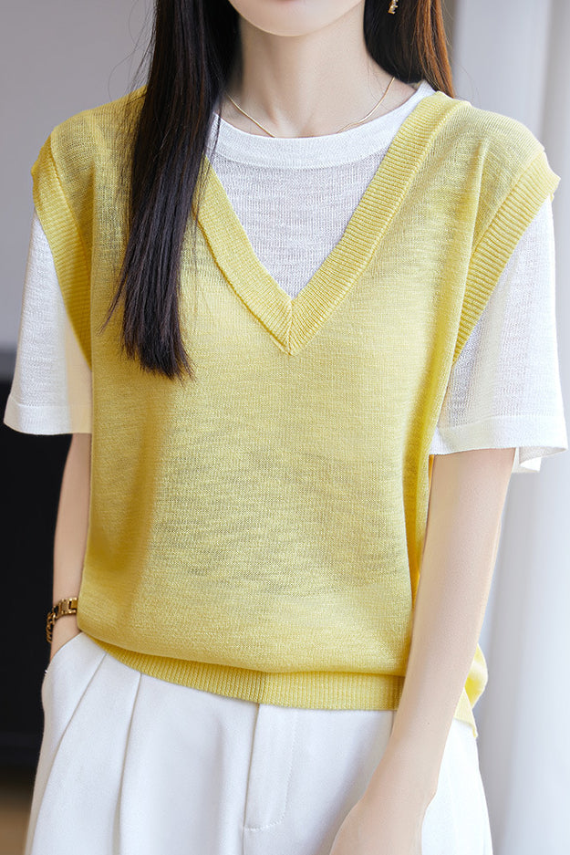 Loose Color-Blocked Faux Two-Piece Short Sleeve T-Shirt - liwisi