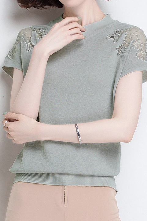 Lace Hollow-Out Knit Short-Sleeve T-Shirt - liwisi