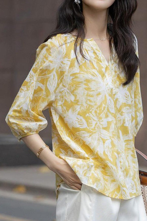 Casual small V-neck printed shirt - liwisi