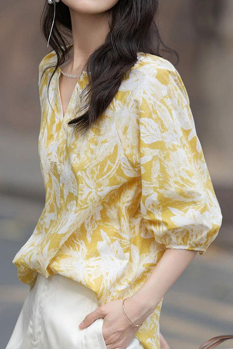 Casual small V-neck printed shirt - liwisi