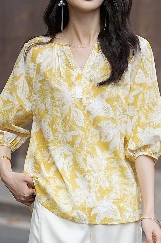 Casual small V-neck printed shirt - liwisi