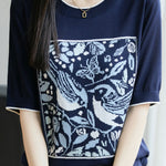 Casual crewneck bird and flower pattern knitted sweater - liwisi