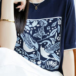 Casual crewneck bird and flower pattern knitted sweater - liwisi