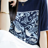 Casual crewneck bird and flower pattern knitted sweater - liwisi