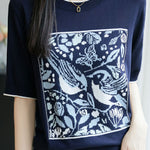 Casual crewneck bird and flower pattern knitted sweater - liwisi