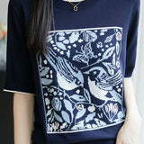 Casual crewneck bird and flower pattern knitted sweater - liwisi