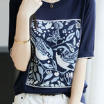 Casual crewneck bird and flower pattern knitted sweater - liwisi