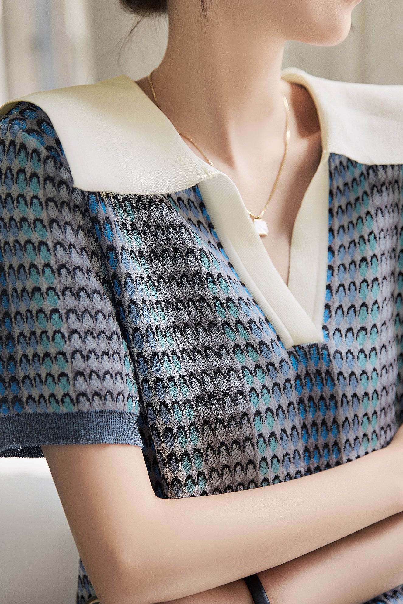 Exquisite jacquard Polo neck short-sleeve knitted sweater - liwisi